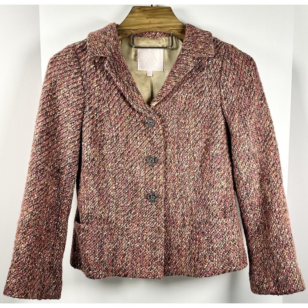 Rebecca Taylor Tweed Blazer Jacket Pink,Orange,Tan Bling Sz 6  Wool Blend Career
